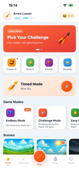 Home hub with Pick Your Challenge banner and game modes
