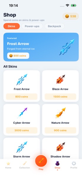Shop with arrow skins including Frost Arrow